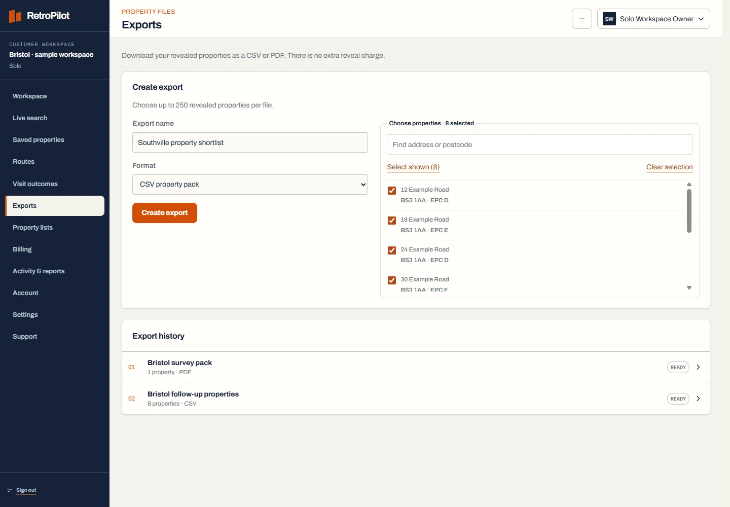 RetroPilot export workspace showing property selection and download history