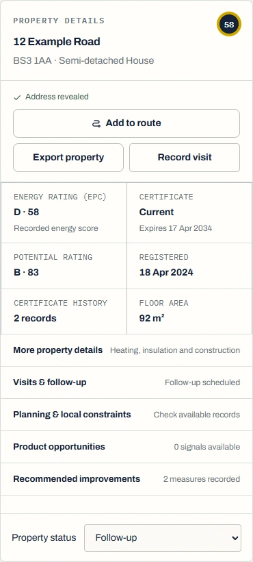 A RetroPilot sample property card with energy ratings, visit follow-up and planning controls