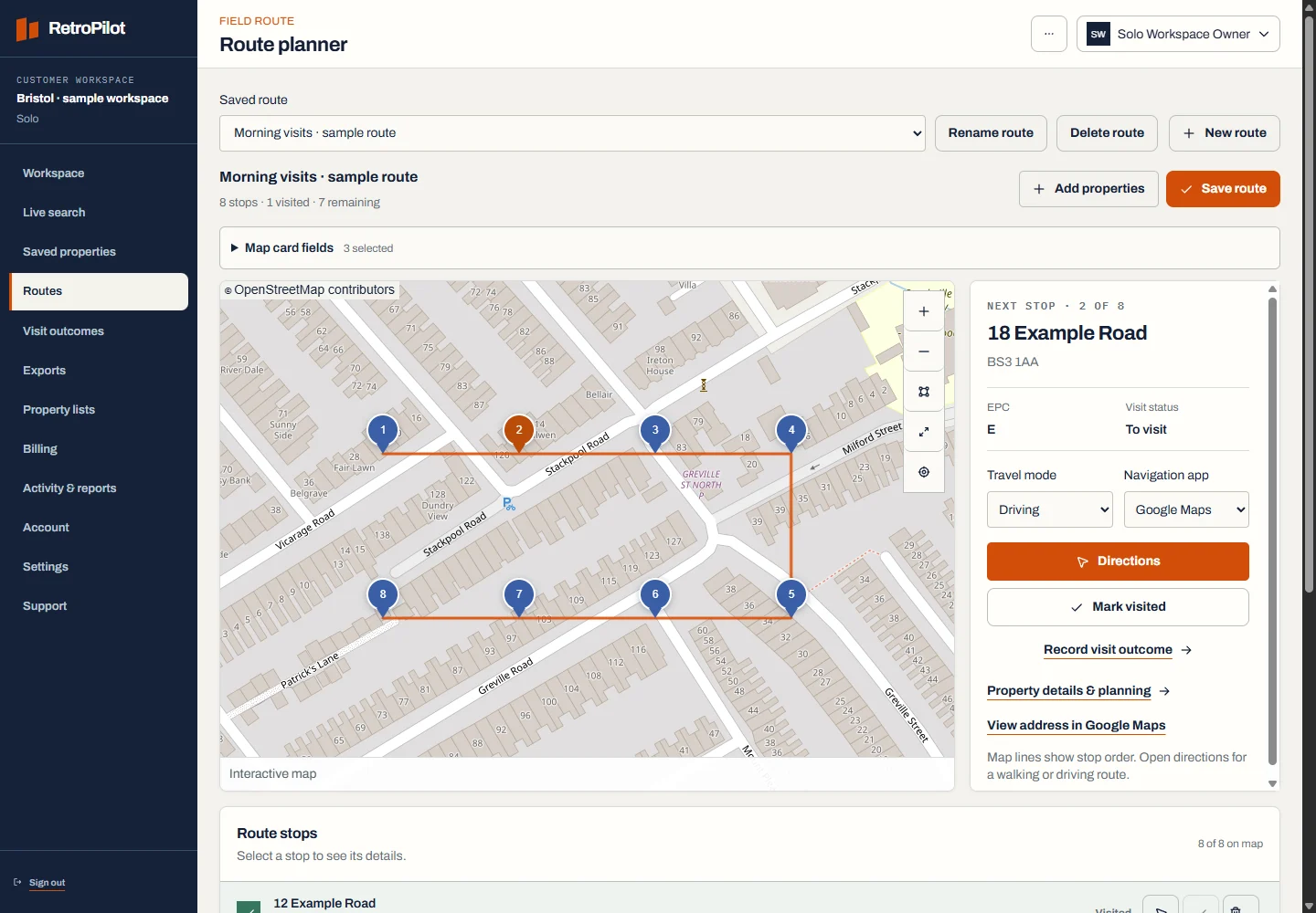 RetroPilot eight-stop sample route with a map, next property and navigation controls