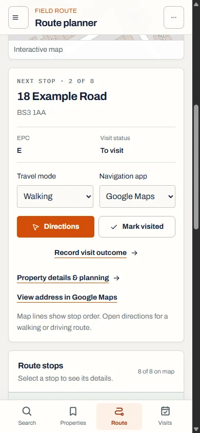 RetroPilot mobile route view with the next sample stop and directions controls