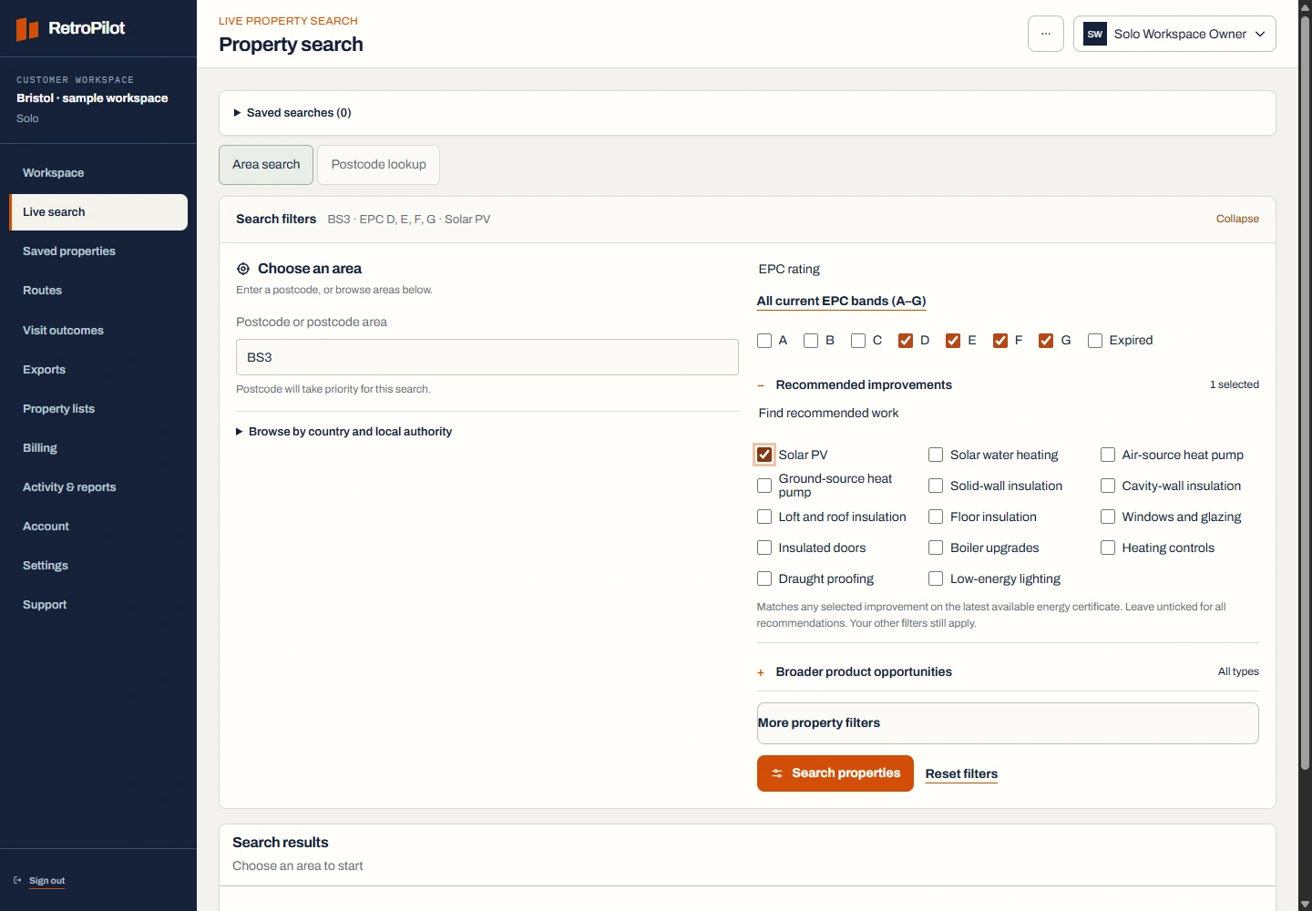 RetroPilot area search with postcode input, energy-rating filters and property filters